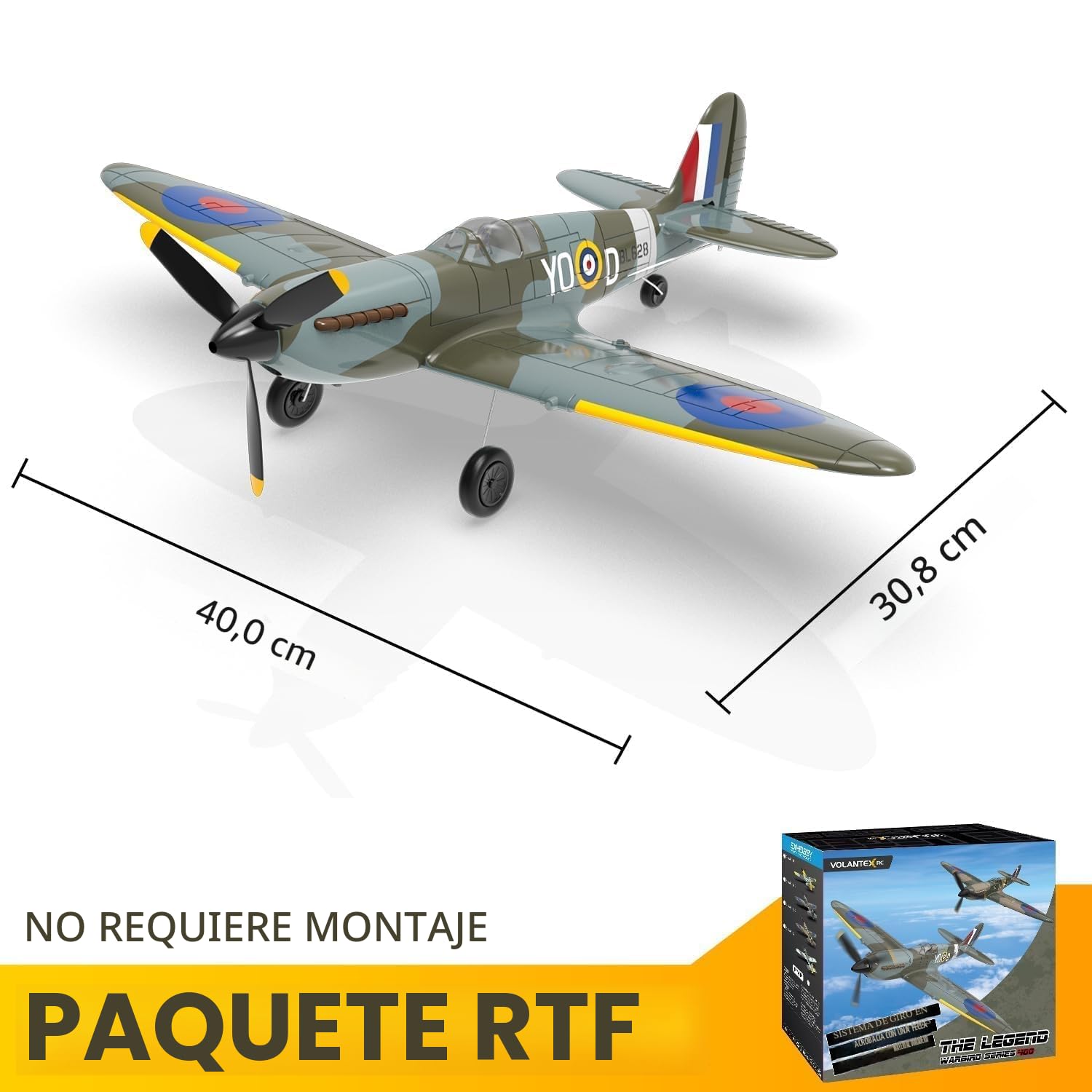 volantexrc Avión RC, Avión de Combate Spitfire V2 con Radio Control de 4 Canales RTF, con Alerones, Giroscopio, Acrobacias y 3 Modos para Vuelo Fácil, Aeronave para Hobby para Principiantes y Adultos