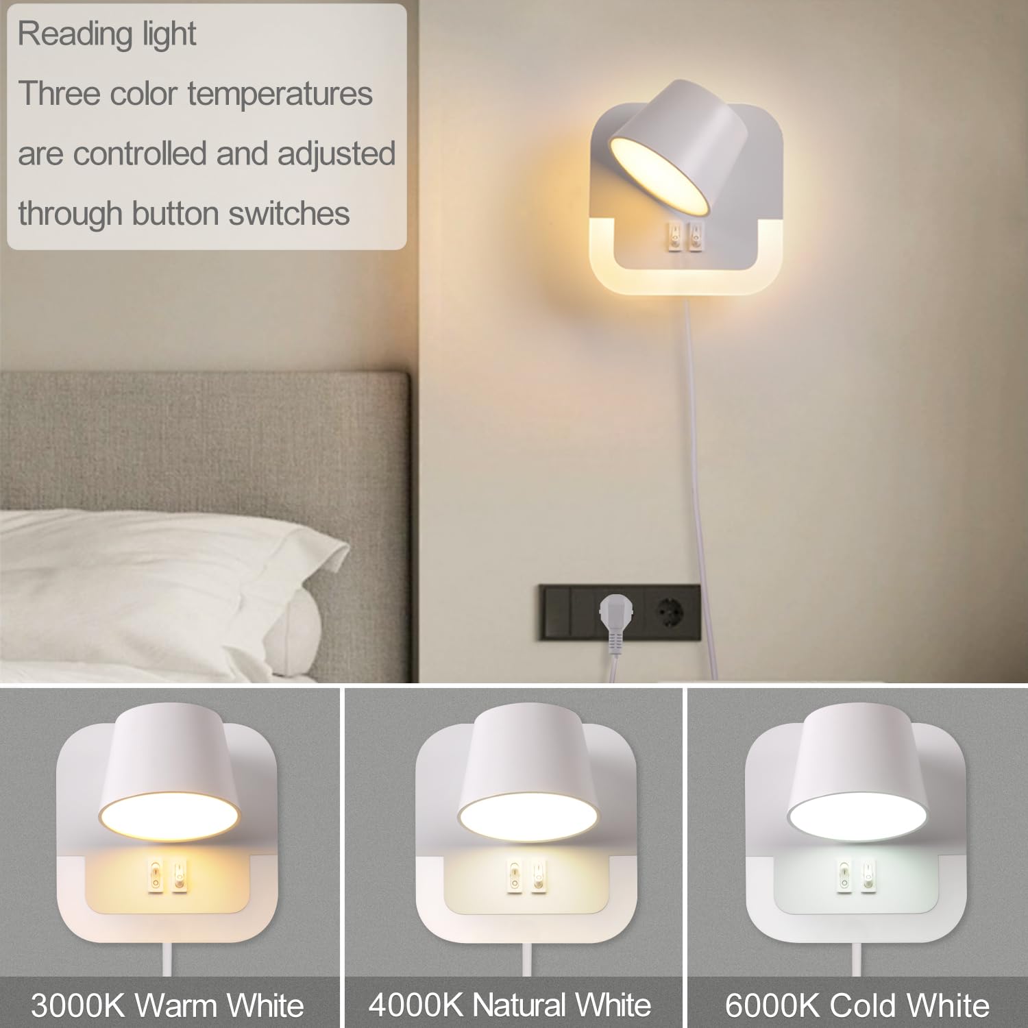 Lampe de lecture LED Applique Murale 3000K Réglable 4W+8W Tête Rotative Blanc