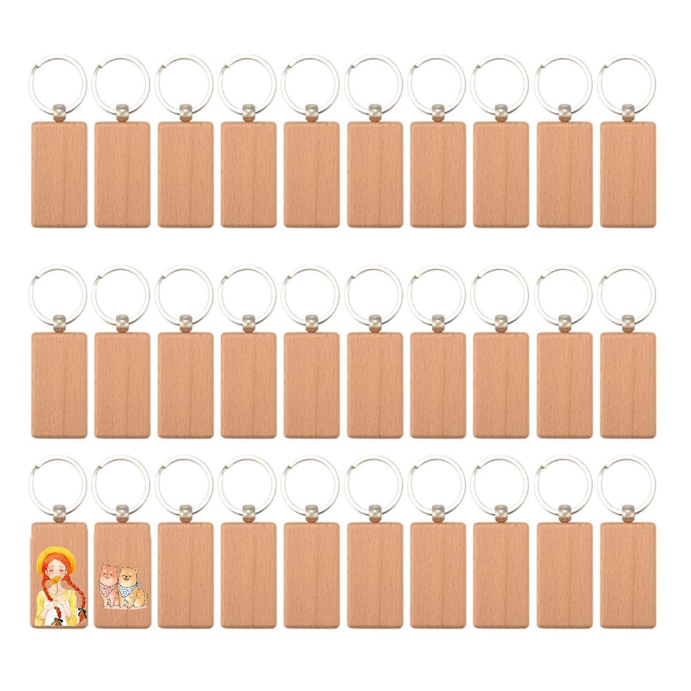 Smallterm Natural 30Pcs Blank Rectangle Wooden Key Chain Diy Wood Keychains Key Tags Can Engrave Diy Gifts