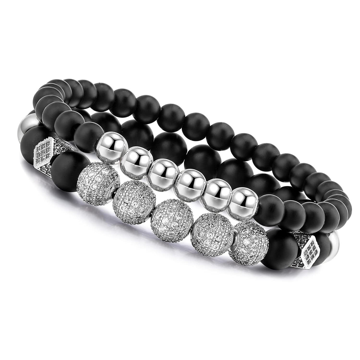 WFYOU 8mm Charm Beads Bracelet for Men Women Black Matte Onyx Natural Stone Beads, 7.5"