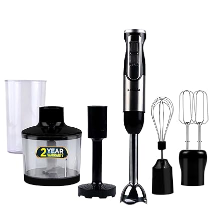 iBELL HB1000J Hand Blender + Potato Masher, 1000Watt, 5-in-1 Hand Mixer with Whisker / Beater, Immersion Blender and Vegetable Chopper with Adjustable Speed Control & 600ml Container (Black)
