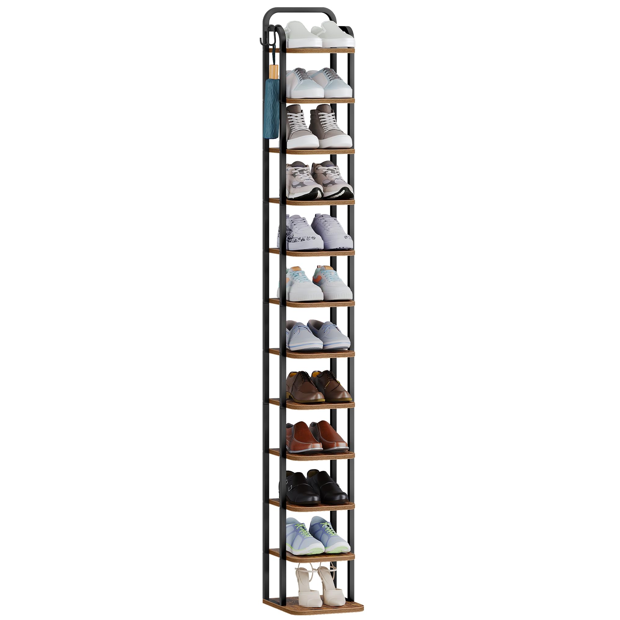Hzuaneri Vertical Shoe Rack, Shoe Shelves, Wood Shoes Organizer for Closet, Entryway, Shoes Tower for Small Spaces, Freestanding, with 2 Hooks, Rustic Brown and Black, 12 Tier(26.5Wcm) SR51201B — image 1