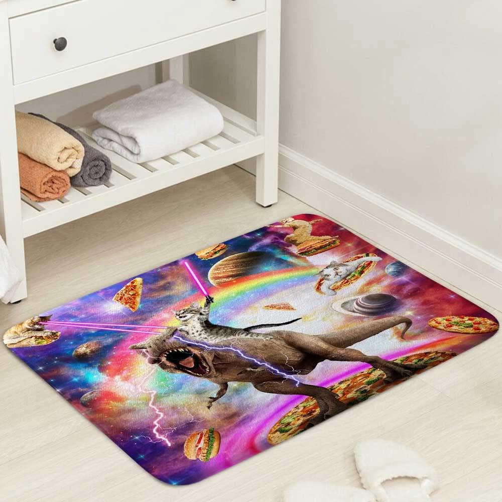 Funny Cat Bath Mat, Cool Cat Riding Dinosaur on Fantasy Bath Rug, Galaxy Space Cute Hilarious Outer Universe Anime Kitchen Bath Mat Soft Non Slip Bath Rugs 17X29IN image 2