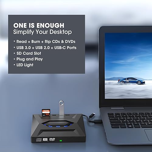 Miniatura 2 de ROOFULL Unidad externa de CD y DVD con puertos USB 3.02.0Tipo-C y ranura para tarjeta SD, lector de grabador de grabador portátil para CDDVD ROM