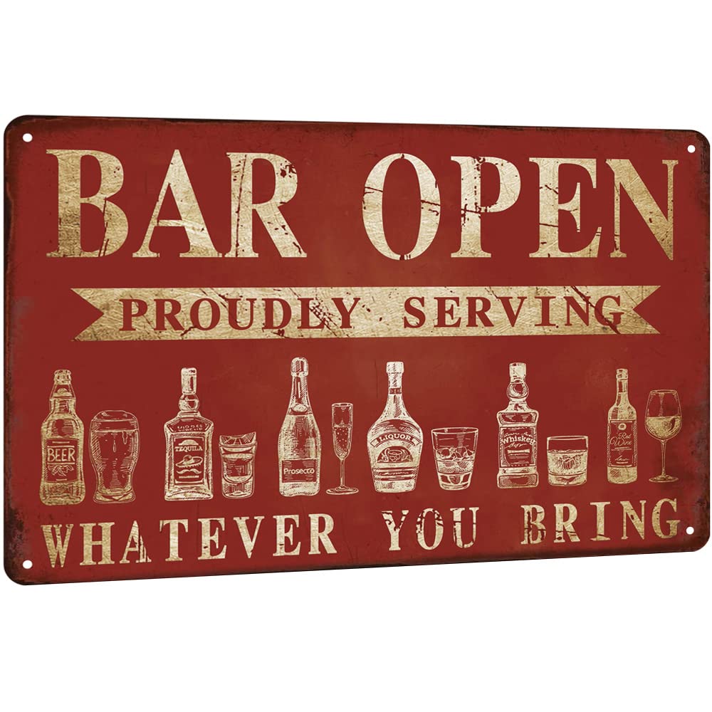 SMAZDFXX Decor' Funny Vintage Tin Signs Retro Metal Signs For Home Wall, Backyard, Cafes, Bar, Man Cave (Bar Open Red) 12"x16"