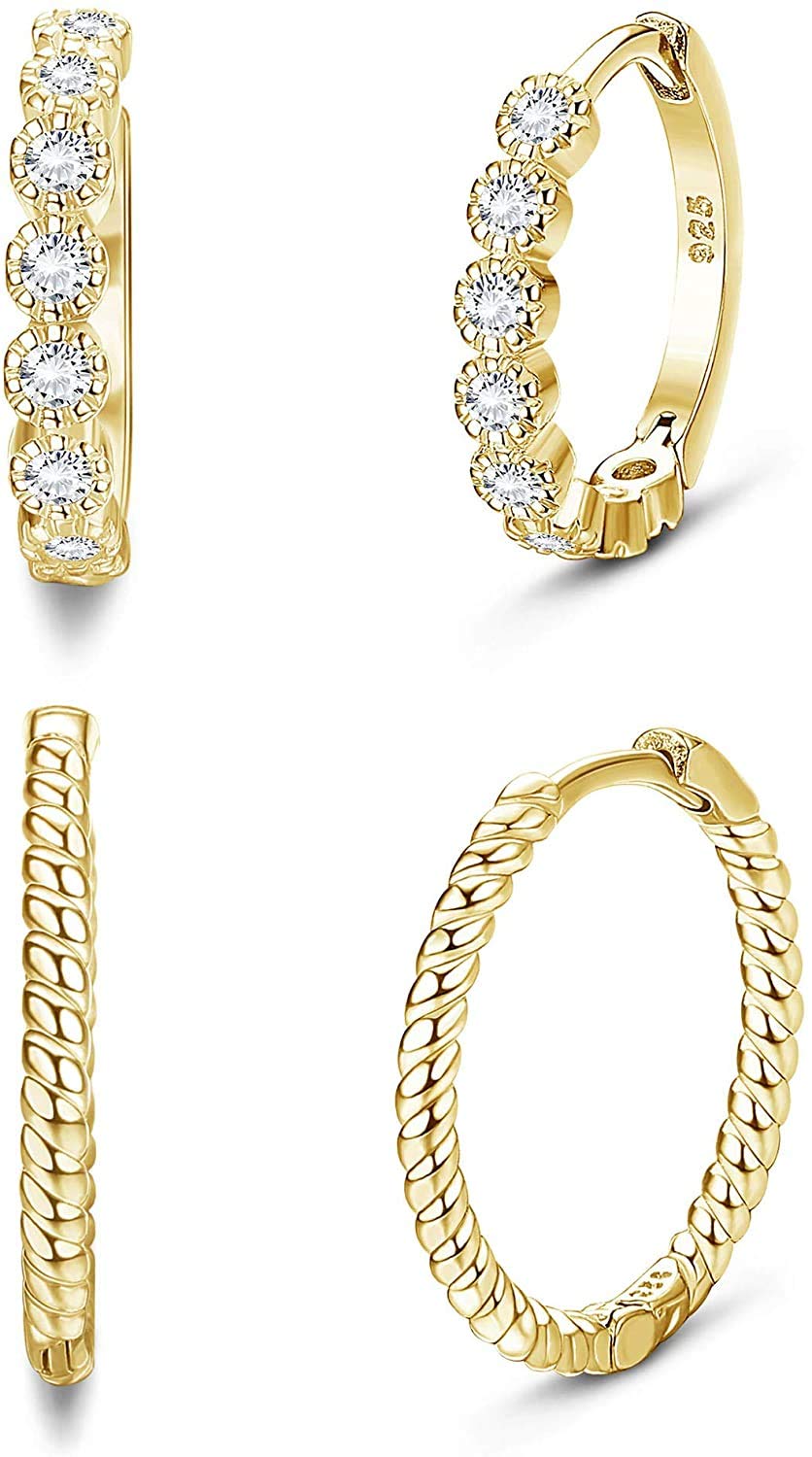 MILACOLATO 2 pares de Pendientes de Plata de ley 925 para Mujer Pendientes de Aro de Circonita Cúbica Pendientes de Banda de Cartílago Huggie Pequeños Círculos de Plata Esterlina