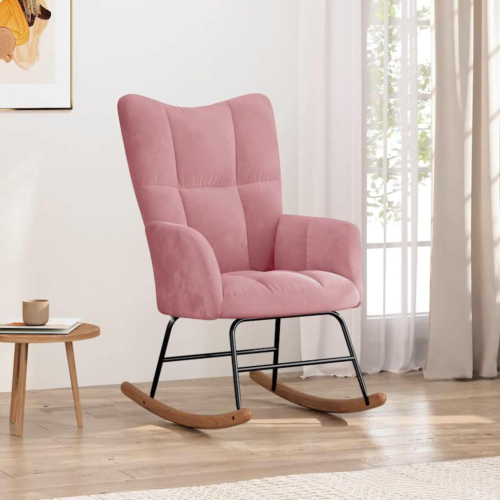 Schaukelstuhl mit Polsterung Rosa, Samtbezug mit Quadraten-Design, Relaxstuhl mit Dicker Schaumstoffpolsterung, Stahlgestell und Holzkufen, maximale Belastung 110 kg