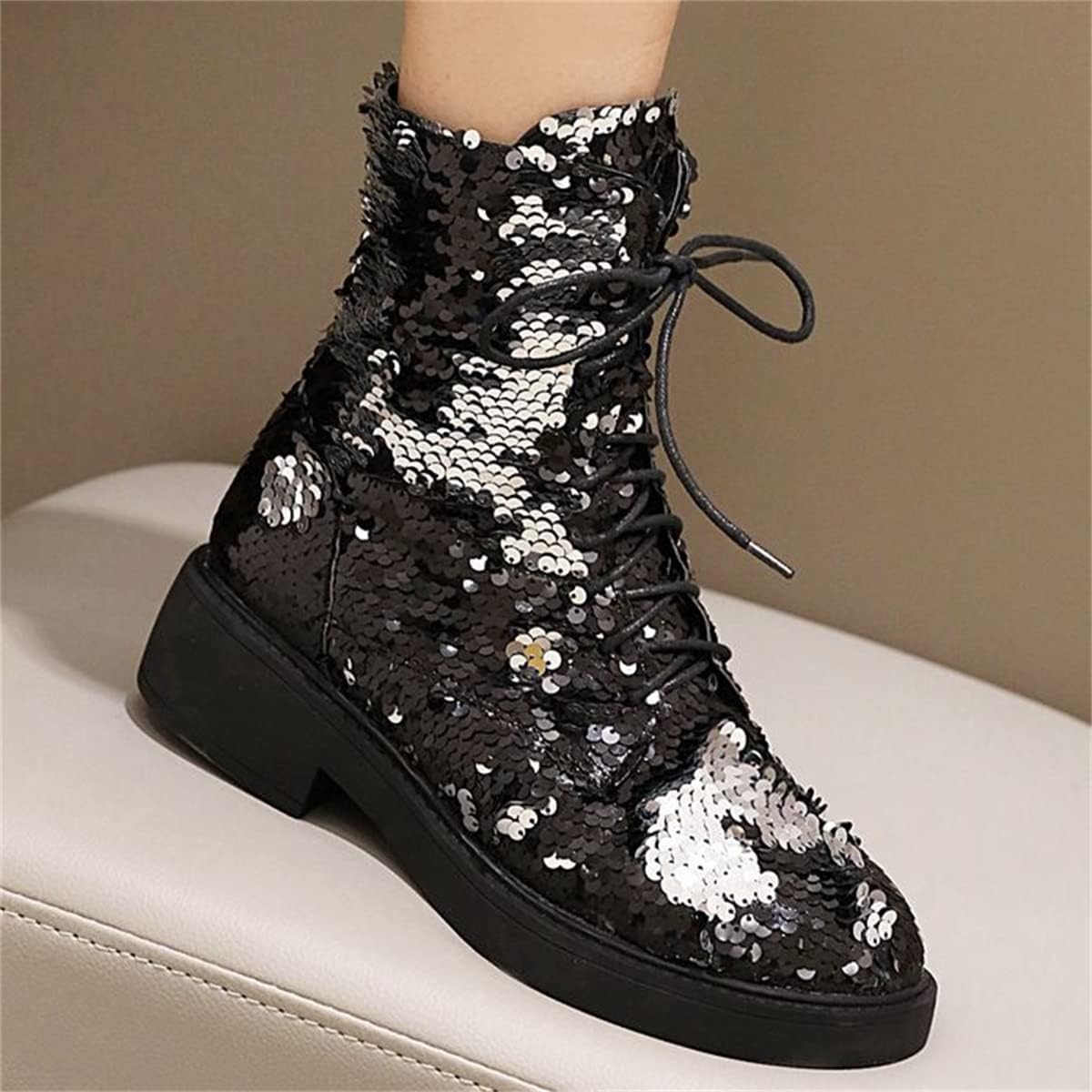Betastella Women's Lace Up Glitter Combat Ankle Boots Chunky Heel Sequin Booties