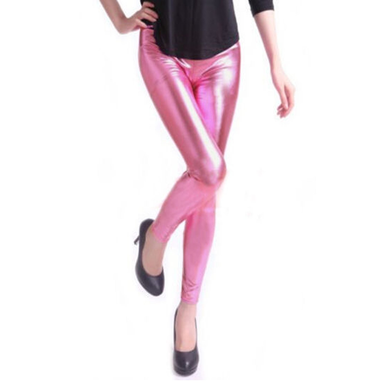 Girly Look Women's Cerise- Metallic American Foil Punk Shiny Disco Tights Pvc Pants Yoga Leggings (M-L, )