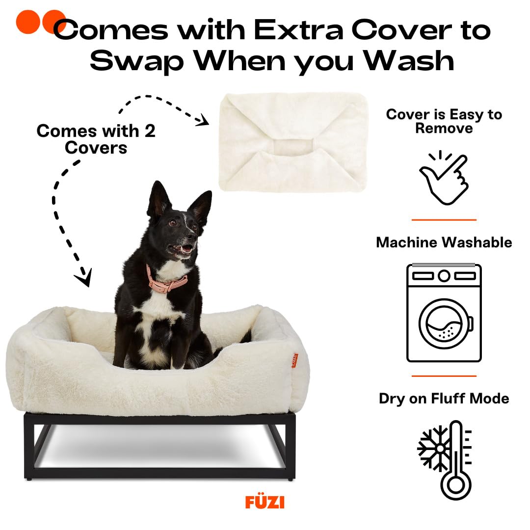 FUZI Elevated Dog Bed Large with Extra Cover, Luxury Raised Dog Beds, Removable and Machine Washable Bed Cover, Indoor/Outdoor Orthopedic Pet Bed, Large 35.6x28.5x18 Soft White and Black Base - image 2