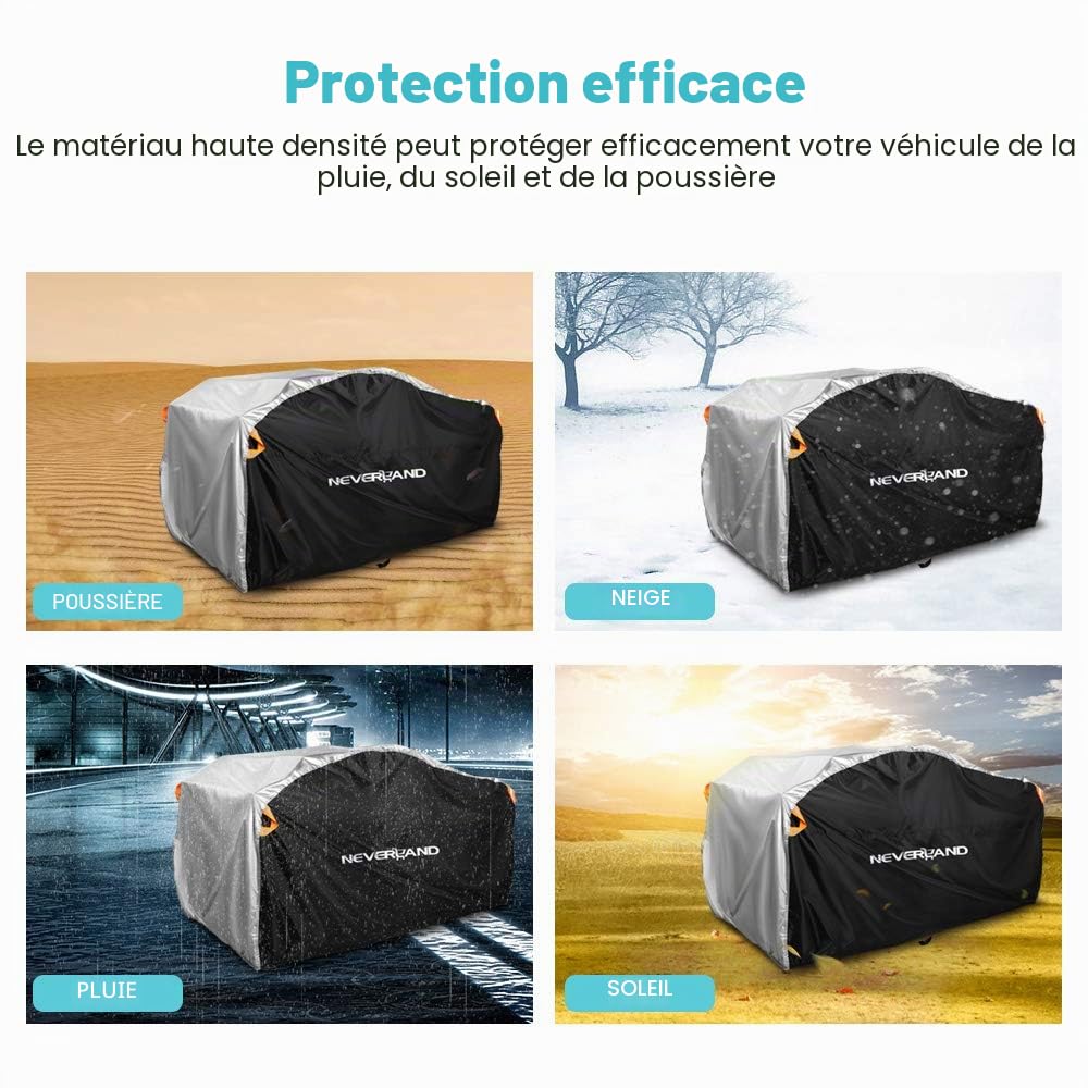 Housse de Protection pour Quad NEVERLAND 190T Bâche de Protection pour Moto ATV Double Face Disponible avec Bandes Réfléchissantes Imperméable Coupe-Vent Anti-UV Noir Argent 210 * 120 * 115cm