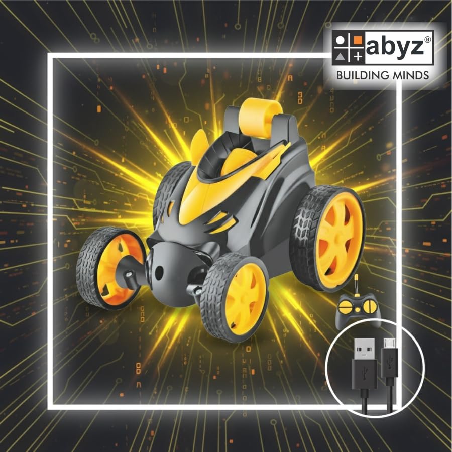 Image of abyz 360 Rotating RC Stunt Car - LED Lights, Sound, Off-Road Remote Control Vehicle for Kids and Adults (Yellow)