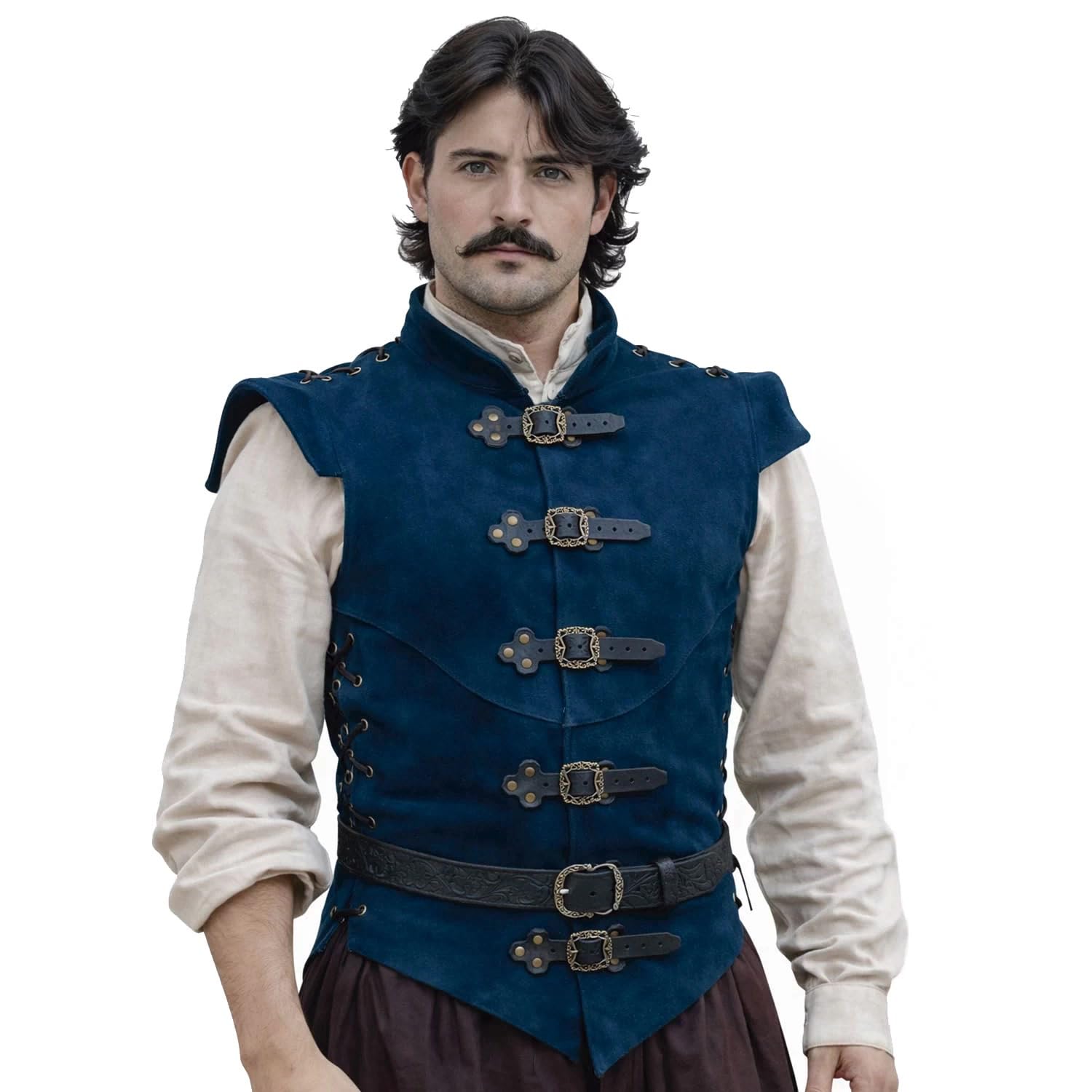 RAWBLADE Diego Blue Medieval Splitleather Jerkin for Men, Leather Tunic & Armor Vest, Renaissance Pirate Costume, Sleeveless Waistcoat for Ren Faire & Cosplay