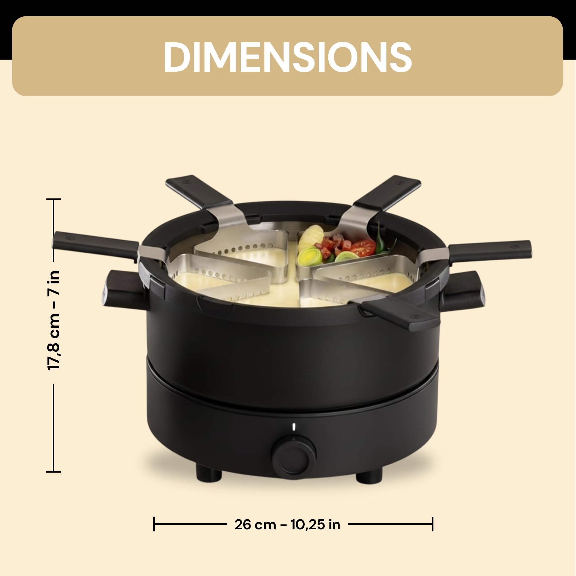 Fondussimo Appareil à Fondue Électrique Evolution 3-en-1 – Service à Fondue avec Caquelon INOX 3 L + Bol Céramique Bain-Marie – 6 Paniers & 6 Pinces – Température Réglable – 4 à 6 Personnes