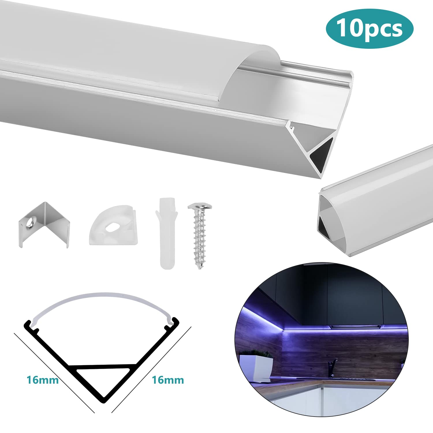 Zestaw taśm LED z profilem aluminiowym – 10 x 1 m kanały LED w kształcie litery V do taśmy LED 11 mm wraz z mlecznobiałą pokrywą, zaślepkami, klipsami montażowymi i łącznikami narożnymi