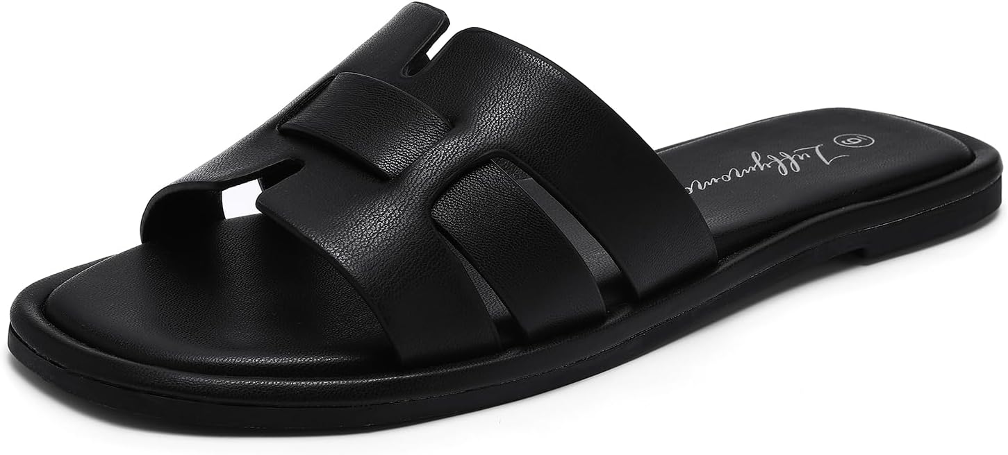 Luffymomo Womens Slip on Flat Sandals Slides Summarize this title: Comfortable flat sandals for women from Luffymomo brand