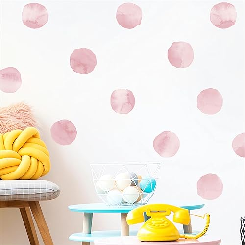Miniatura 10 de 6 hojas de 72 calcomanías de pared de lunares de acuarela color rojo rosa, calcomanías de pared de arte circular, vinilo extraíble para niños,
