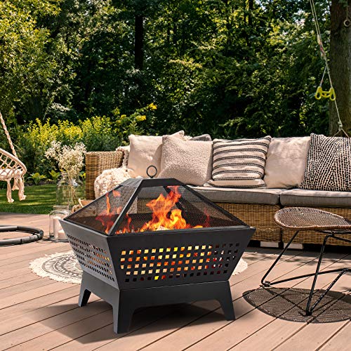 Amagabeli Fire Pit With Waterproof Cover Outdoor Wood Burning 24.4In Firepit Firebowl Fireplace Poker Spark Screen Retardant Mesh Lid Extra Deep Large Square Backyard Deck Heavy Duty Grate Bg410 #TOP2