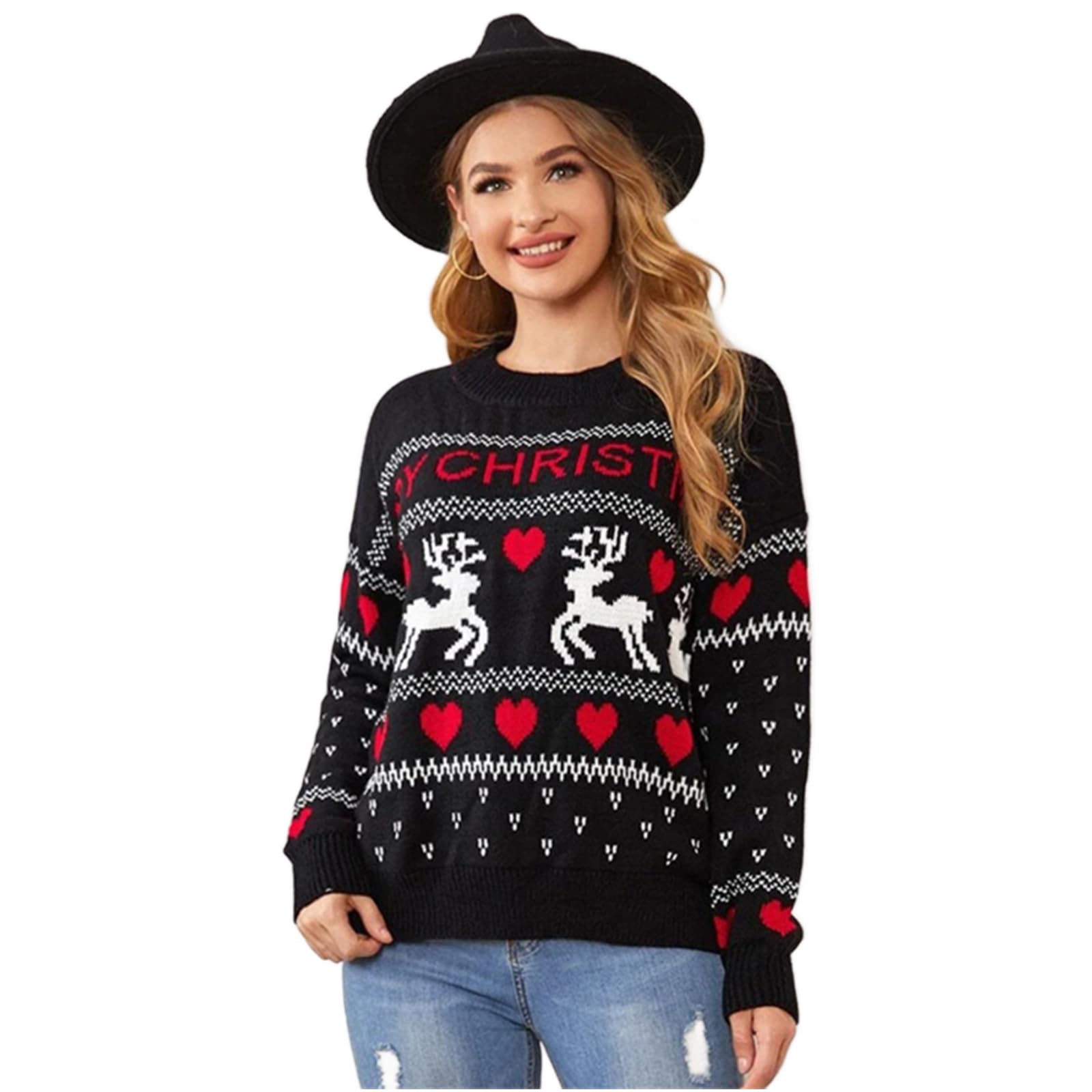 Suéter de punto con diseño de reno navideño para mujer, cuello de manga larga, suéter informal de gran tamaño