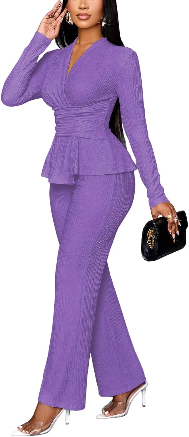 TOPSRANI Womens Bodycon Lounge Sets 2 Piece Outfits Casual Sweatsuits Tracksuit V-Neck Long Sleeve Cute Pants Sets - Image 2