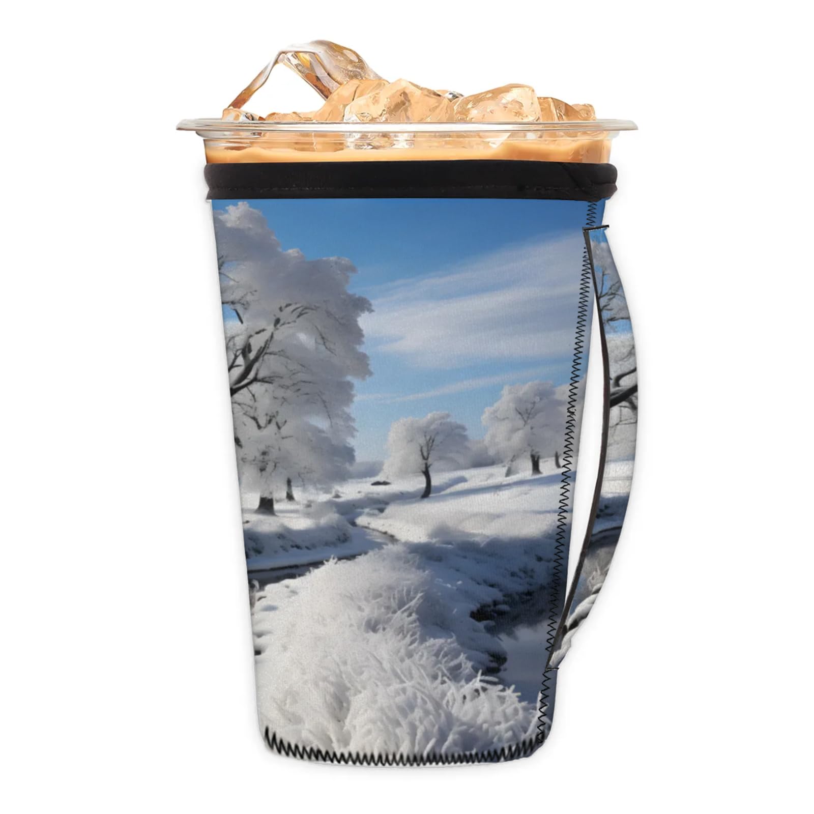 Snowy Tree Rivers Reusable Neoprene Coffee Sleeve with Handle Insulated Iced Coffee Cup Holder Reduces Condensation Fits 24-28 oz Cups M