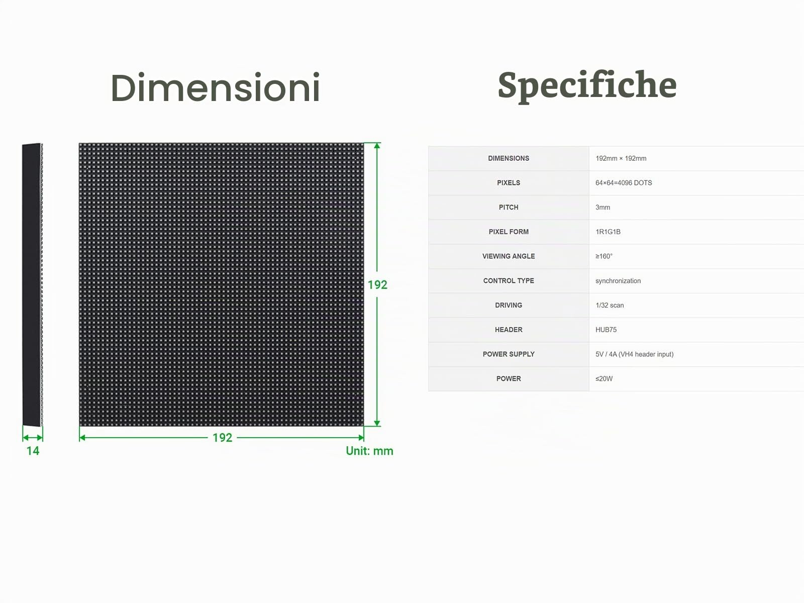 Pannello a Matrice LED RGB 64×64 pixel, 3mm Pitch, 4096 Individuali LED RGB Display a Colori Supporto Arduino, Raspberry Pi, Luminosità Regolabile