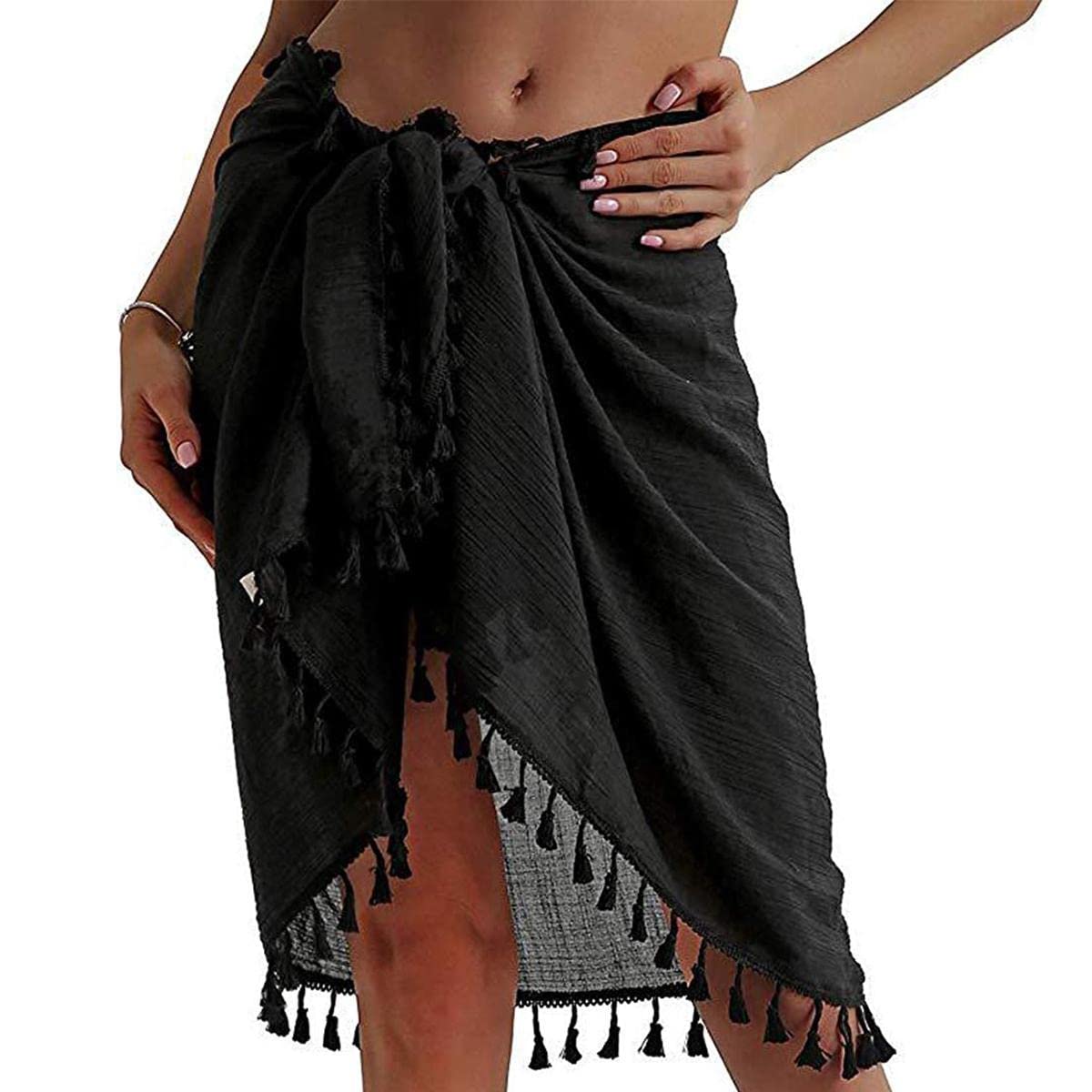 TBSCWYF Faldas Cruzadas de Playa para Mujer Delantal Corto con Flecos Sarong Traje de baño de Gasa Cubiertas Bikini Wrap Pareo de Playa para Mujer Diseños Lisos con Pasador de Coco