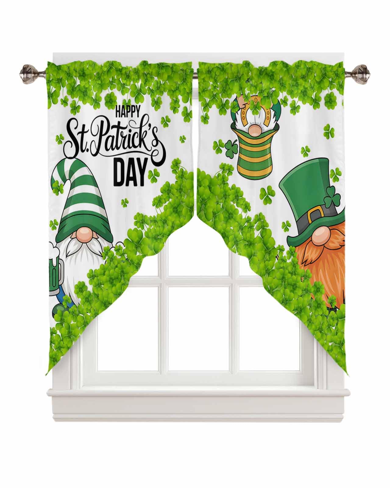 St Patrick Cute Gnome Swag Valances Kitchen Decor Curtain Watercolor Lucky Clover Rod Pocket Thermal Insulated&amp;Washable Window Curtains for Kitchen Bedroom Valances for Windows 2 Panels, 36x36inch