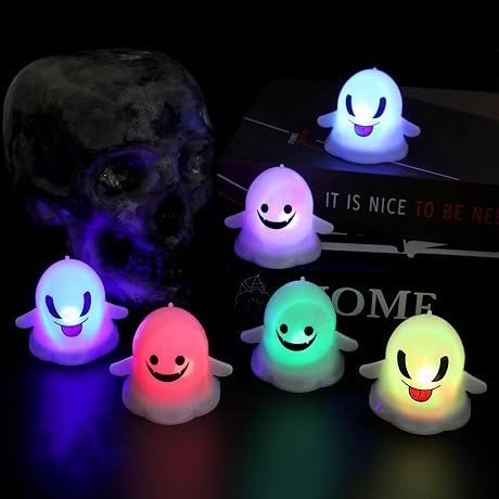 KIMOBER Halloween Flameless Candles,6Pcs White Ghosts Colorful LED Candles for Halloween
