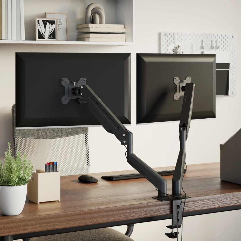 Braccio doppio monitor per schermi da 27 pollici con molla a gas, regolabile in altezza, orientabile, inclinabile, girevole, estensibile, universale, compatibile con VESA, supporto stabile in