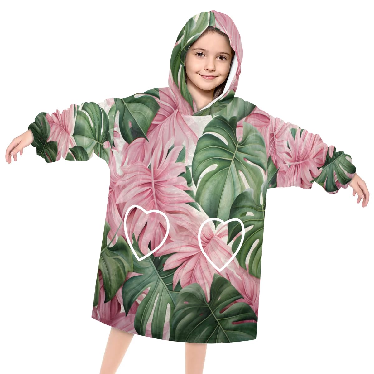 Pardick Wearable Blanket Hoodie for Kids, Tropicall Palm Leaves Fleece Sweatshirt Blanket Oversized Blanket Sweatshirt with Pocket Flannel Warm Hooded Blanket 6-10 Year Old Girl Boy Gift, One Size