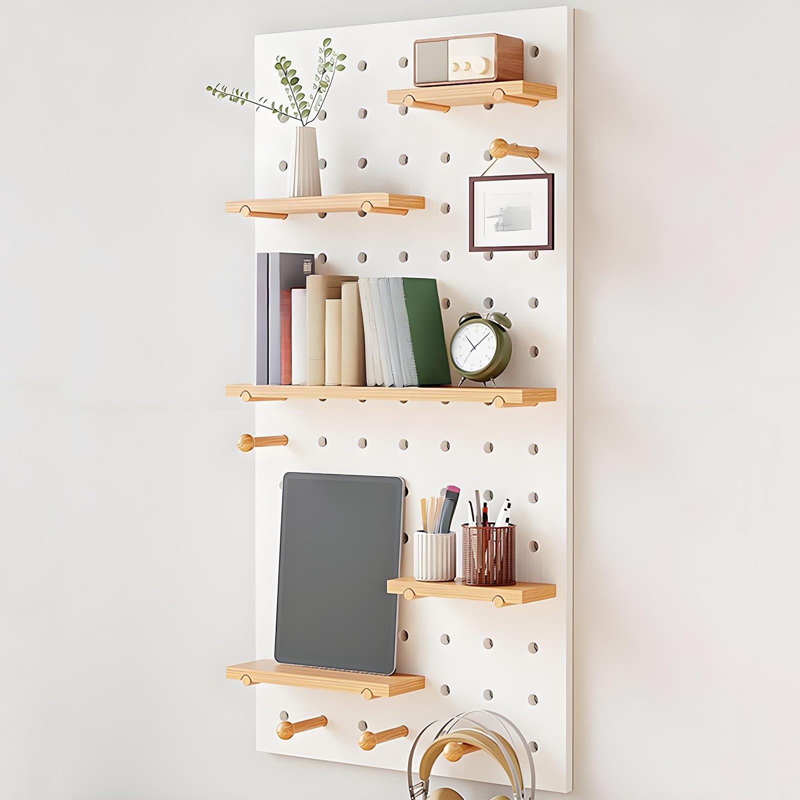 An Der Wand Montierte Lochwand aus Holz, Stecktafel-Kombinationsset, Multifunktionaler Aufbewahrungshalter für Bastelraum, Schlafzimmer, Wohnzimmer(White)