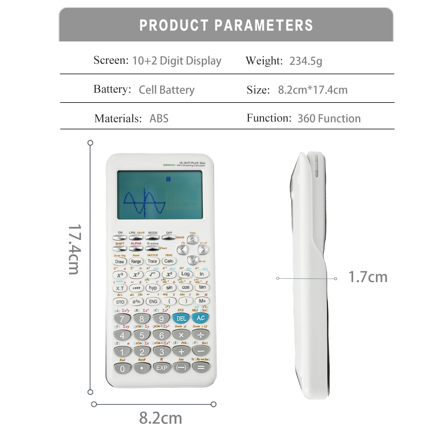 Calculadora Gráfica Científica con 360 Funciones - para Gráficos, Estadística, Álgebra y Cálculo, Pantalla 10+2 Dígitos, Ideal para Estudiantes y Oficina (Color Blanco)
