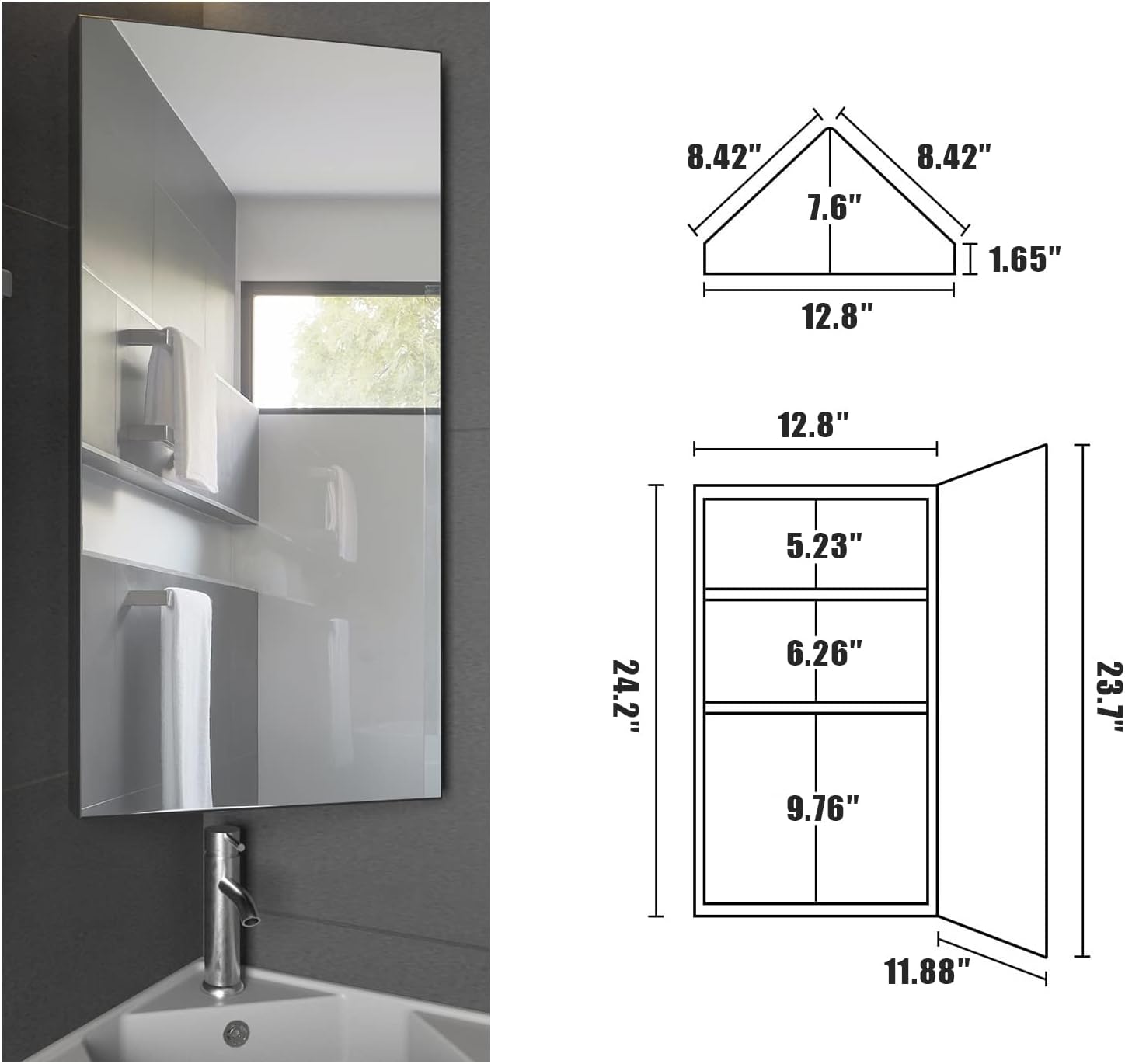 eclife 24" Bathroom Corner Medicine Cabinet W/Mirror, Single Door Bathroom Black Wall Mount Mirror Cabinet, Hanging Triple Shelf Storage Cabinet Opens Left to Right
