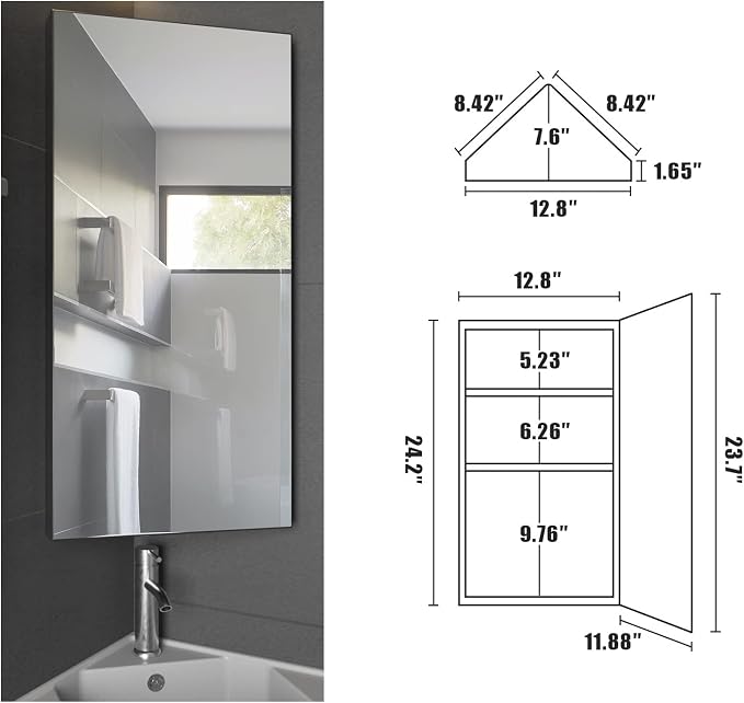 Eclife Botiquín de baño de esquina de 24 pulgadas con espejo, gabinete negro de pared con una puerta, estante de almacenamiento triple que se abre de izquierda a derecha miniatura 3