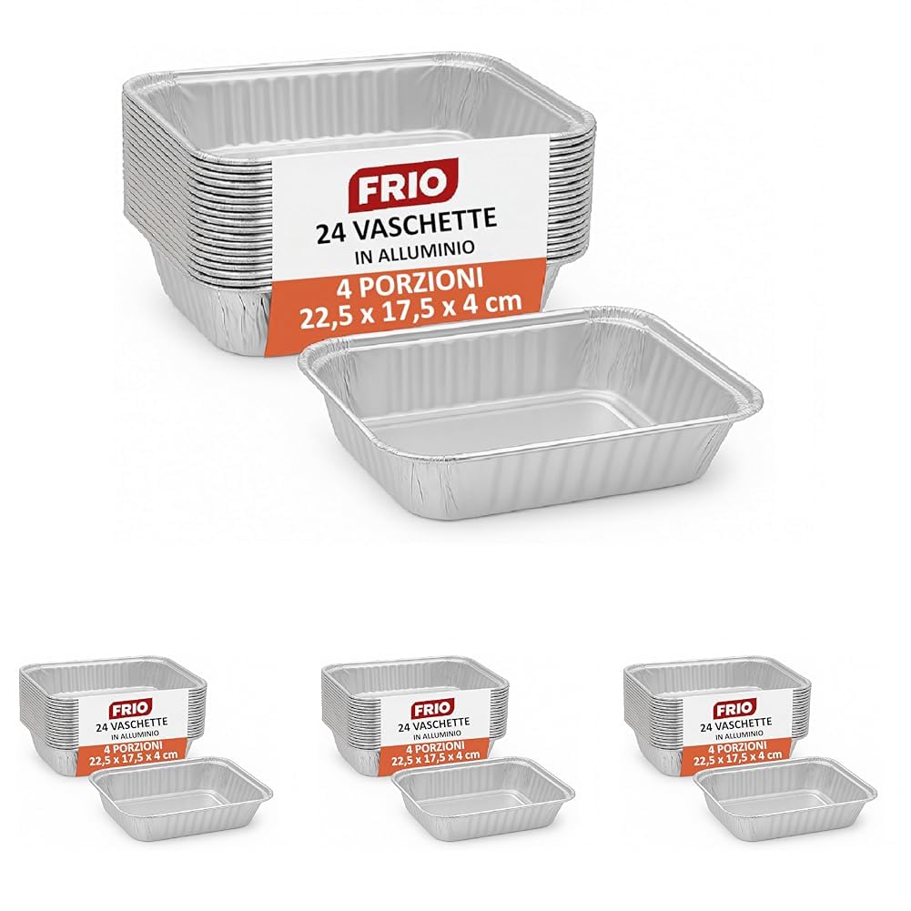 FRIO 24 bandejas de aluminio rectangulares para alimentos | 4 porciones 17,5 x 22,5 x 5,5 cm | bandejas de aluminio para horno, congelador, para llevar | resistentes y desechables (Paquete de 4)