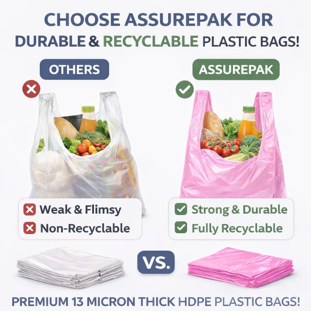 ASSUREPAK Pink HDPE T-Shirt Plastic Bags for Retail, Groceries, Merchandise, Convenience Store, Supermarket, Restaurant - 1/6 BBL, 11.5"X6"X21" - Pack of 1000 Bags, 13 Microns - Unprinted (Pink)