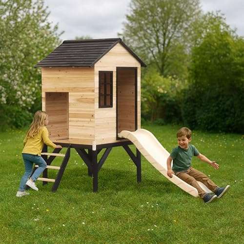 Abracadaprout Cabane Enfant sur Pilotis en Bois FSC Thermo-Traité avec Toboggan Blanc 118cm | Maisonnette de Jardin Hauteur Plateforme 60cm - Naturel et Noir | Sécurité Normes EN71