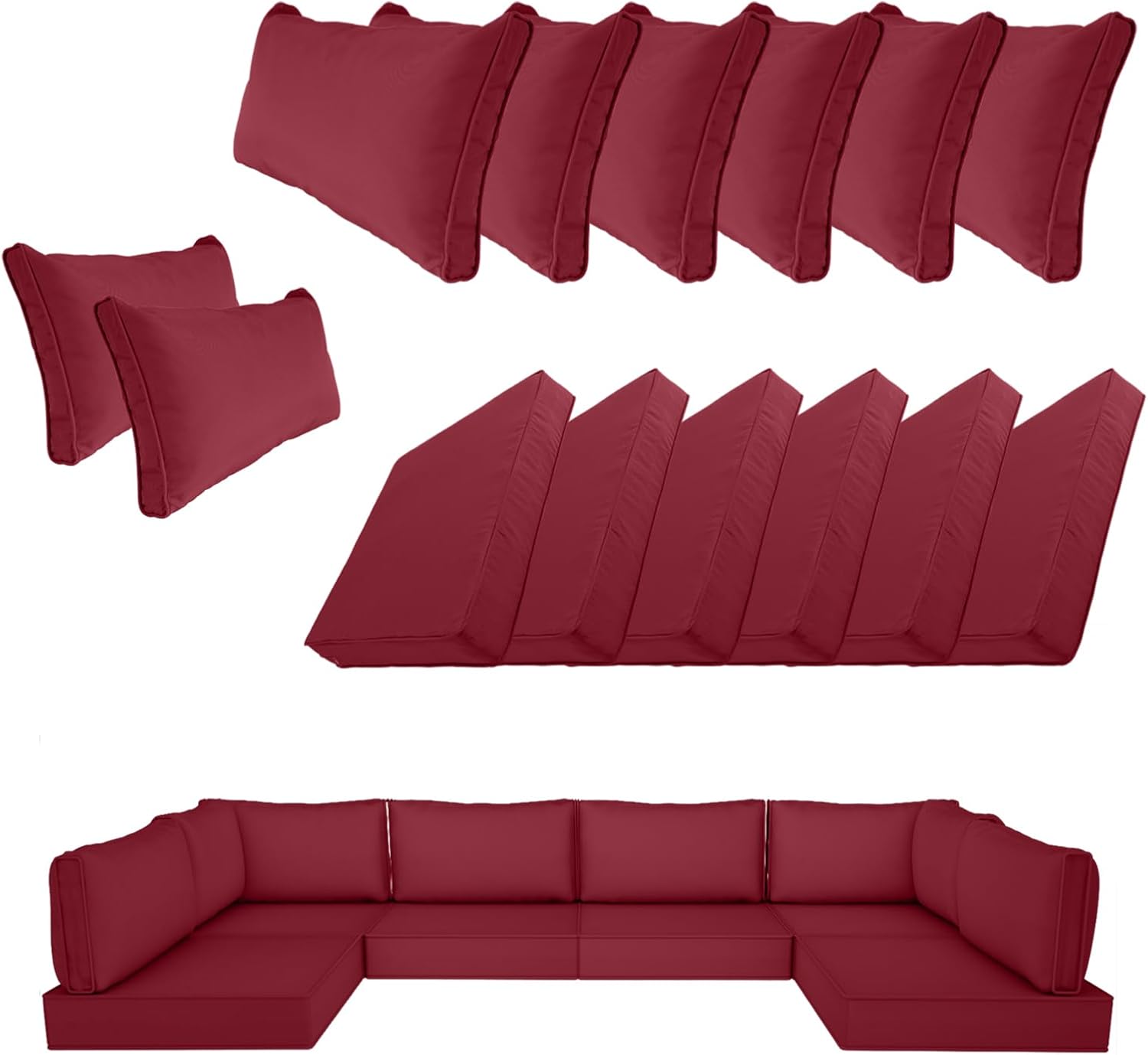 14 Piece Outdoor Patio Cushion Cover Replacement, Waterproof Patio Cushion Covers, Outdoor Furniture Cushion Covers Set for 6 Seat Wicker Rattan Sofa (Burgundy, 25.6 * 25.6 * 4 inch) 25.6*25.6*4 inch Burgundy