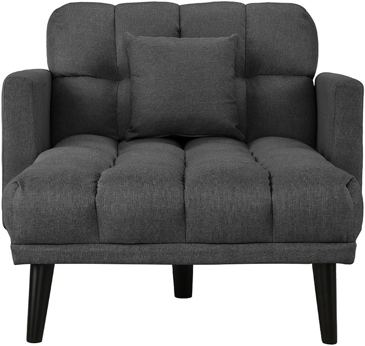 Modern Linen Fabric Recliner Sleeper Chaise Lounge - Futon Sleeper Single Seater with Tufted Trim & Reclining Backrest (Dark Grey)
