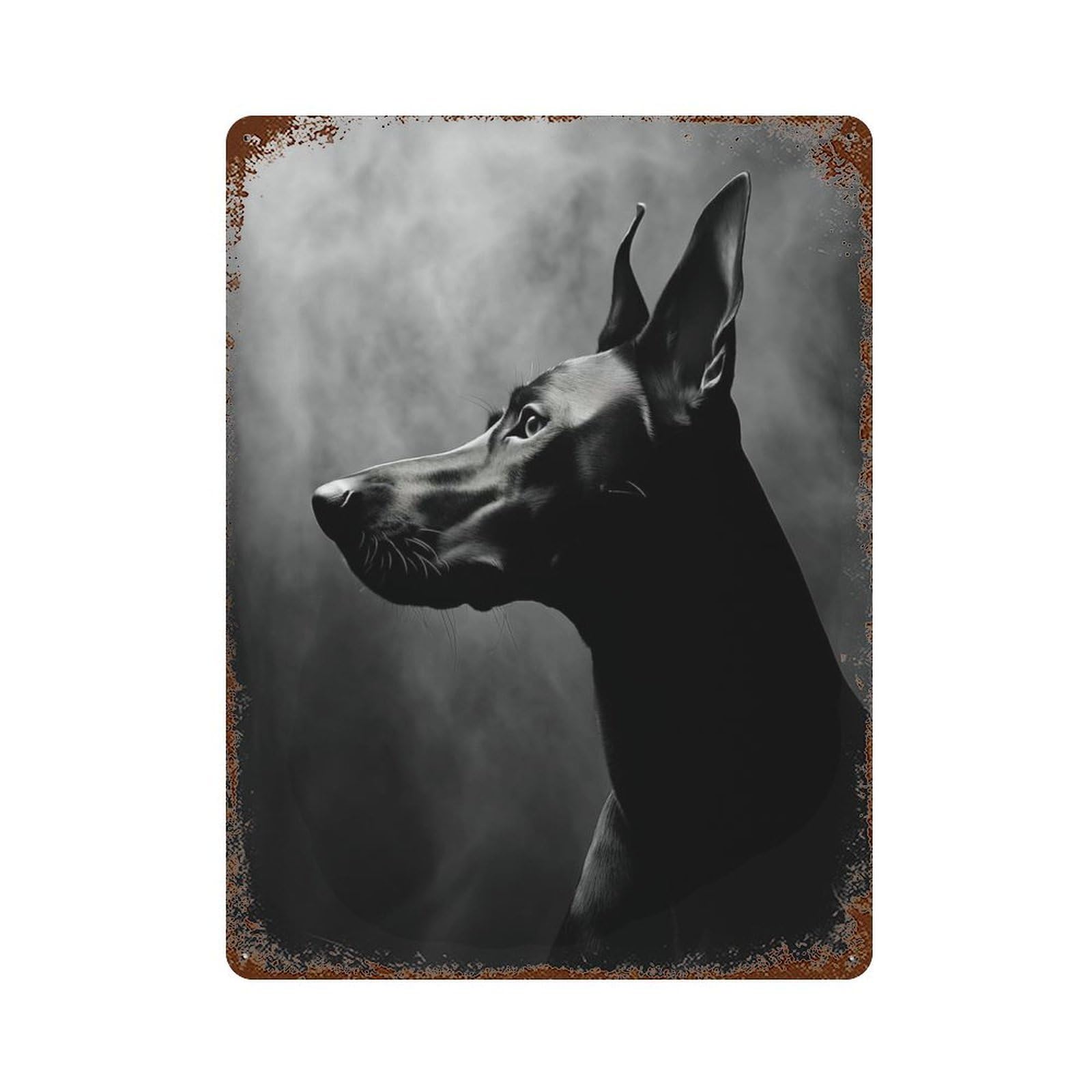 Aged Metal Wall Plaque with Doberman Pinscher Black And White Design 15.7"x11.8", for Pub, Kitchen And Man Cave Decor, Shabby Chic Decor