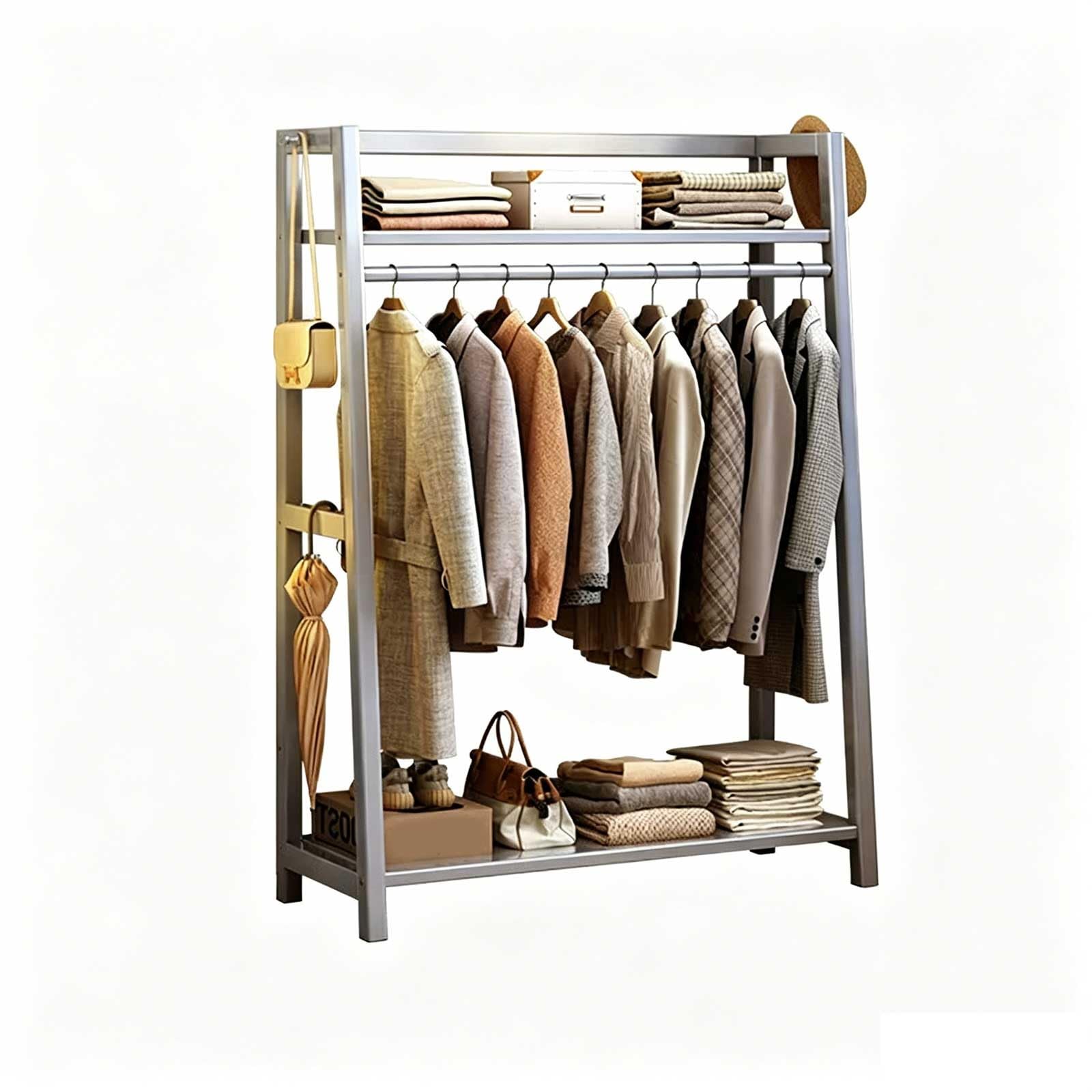 KIBONCY Wooden Clothes Rack with Drawers and Storage Shelves, Freestanding Open Wardrobe Organizer, Multifunctional Garment Rack(D2,120x40x170cm)