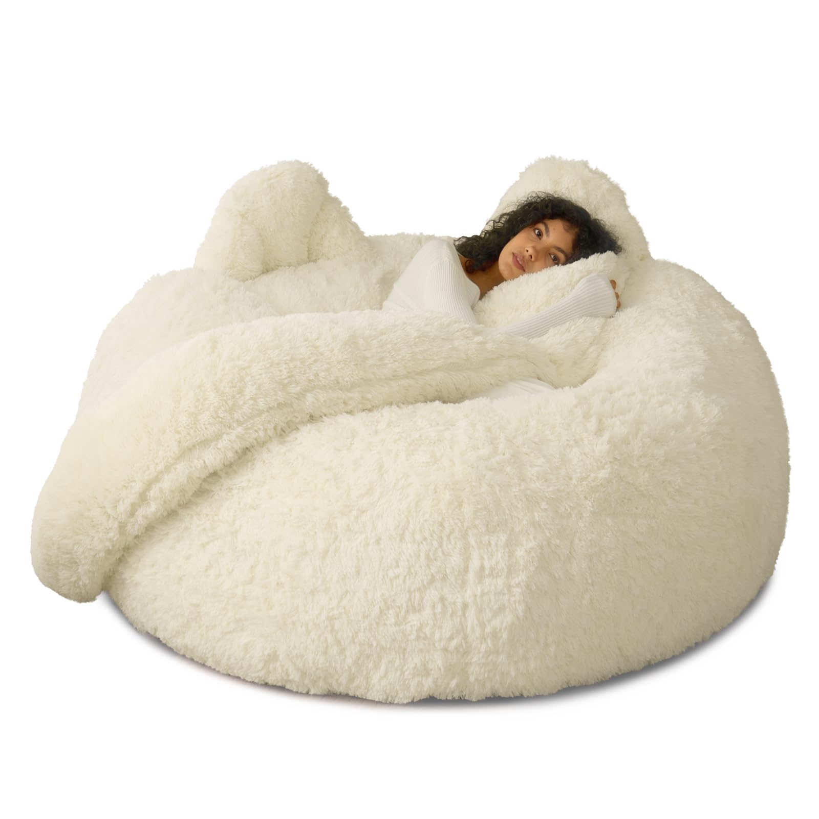 HORIMOTE HOME 5.2Ft Giant Bean Bag Chair, Totoro-Inspired Fluffy Chair, Foam Filled, with Soft Faux Fur Cover, Big Bean Bag Chairs for Adults and Kids, Cozy Couch for Living Room Bedroom-Cream White