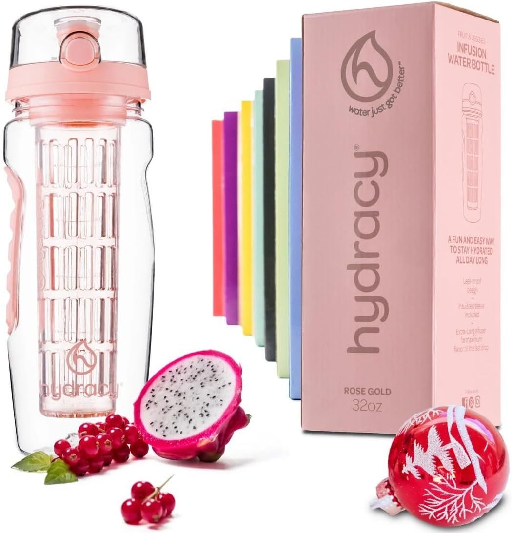 Hydracy Fruit Infuser Water Bottle - 1Litre Sport Bottle - Time Marker & Full Length Infusion Rod +27 Fruit Infused Water Recipes eBook Gift -Your Healthy Hydration Made Easy - Rose Gold
