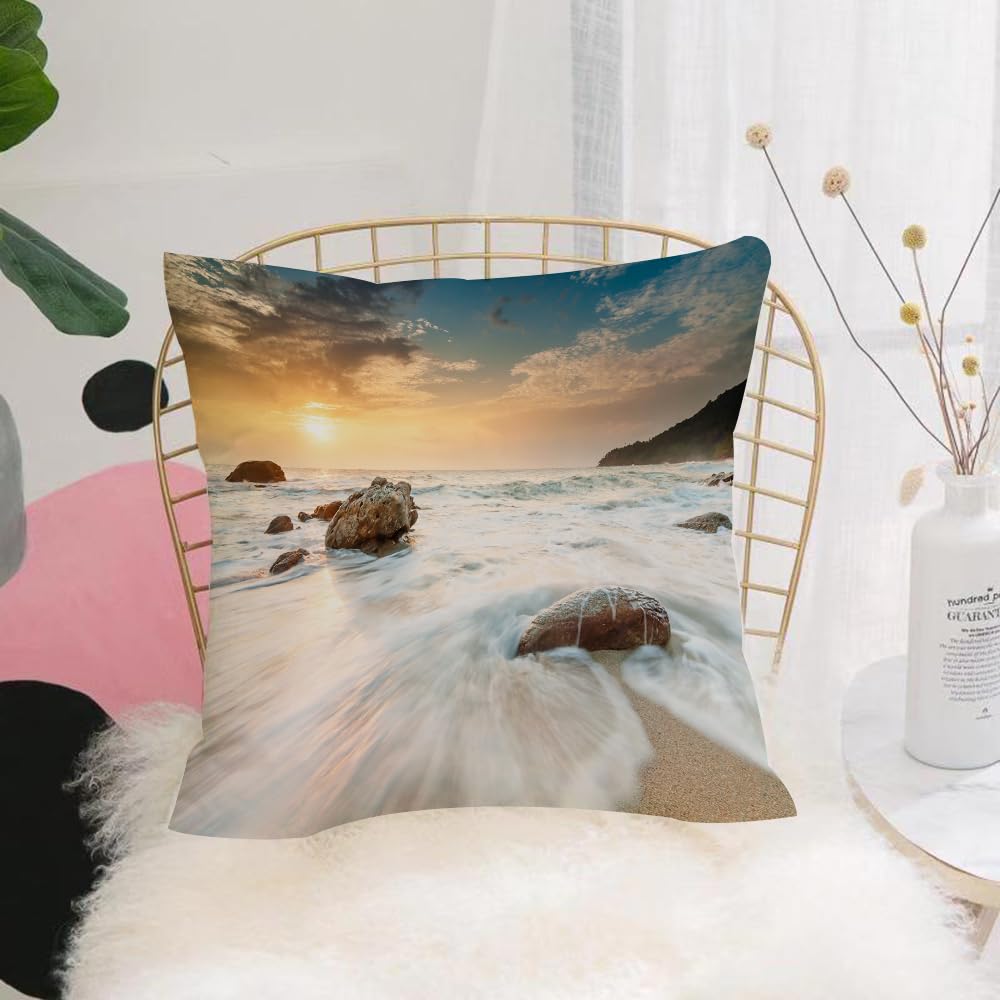 Hyosxw Seaside Decor, Grand Sea Waves On The Beach - A5 Cushion Cover,Throw Pillow Case Home Decorative For Living Room Bedroom Sofa Chair 18X18 Inch,Seaside Decor, Grand Sea Waves On The Beach And Horiz,Pillowcase 45X45cm