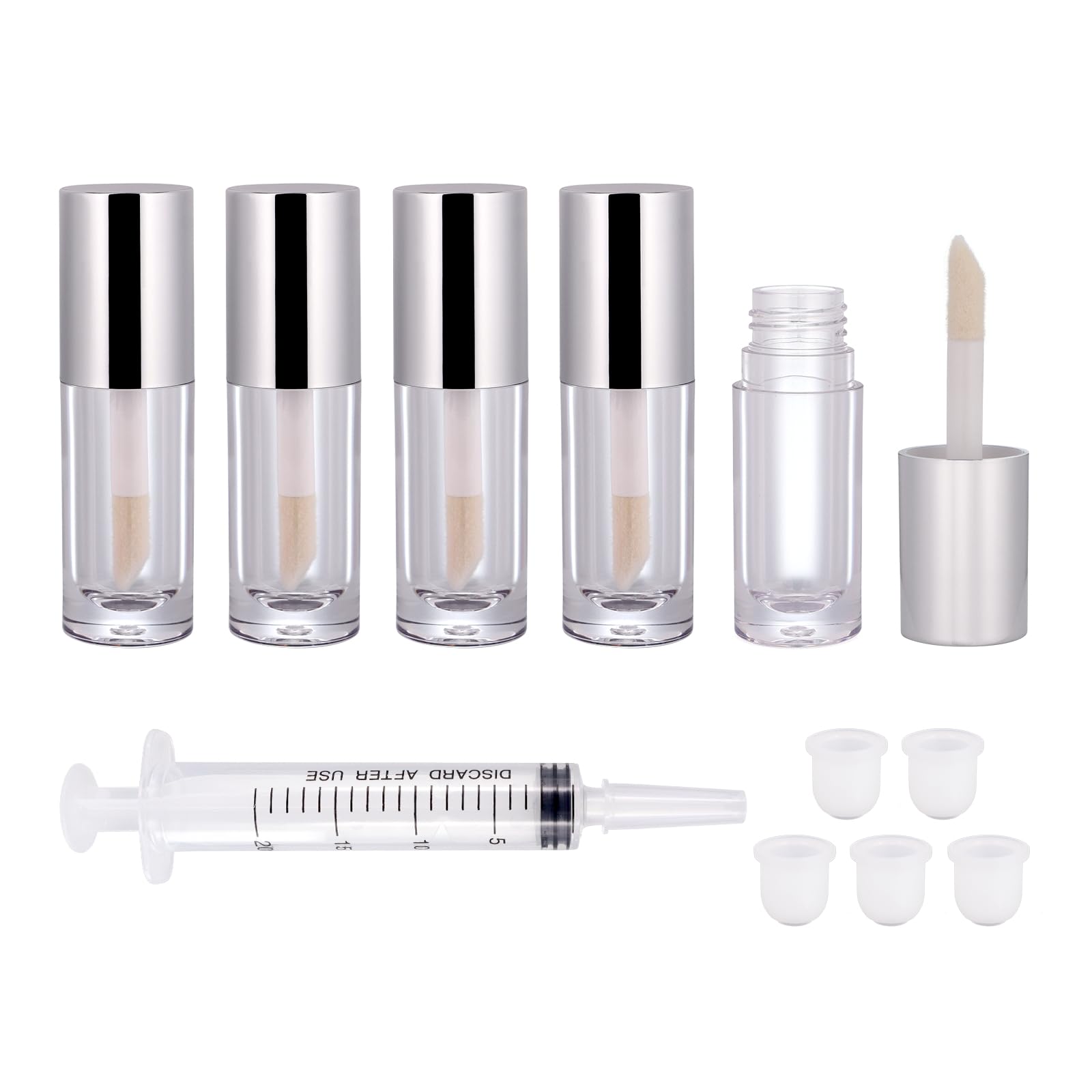 Snowso 5Pack Lip Gloss tubes with Big Doe Foot Wand, Empty 6ml Clear Lip Gloss Containers with Rubber Insert for DIY Lipgloss Makeup (Silver)