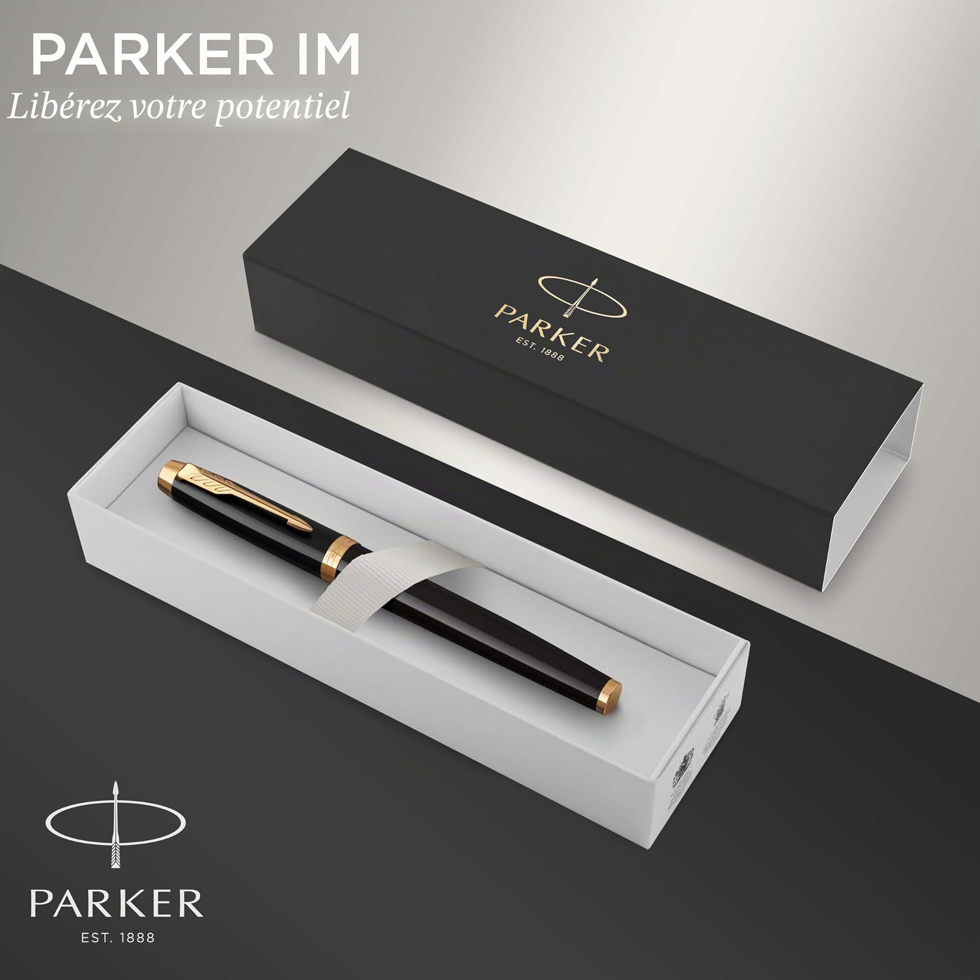 Parker IM stylo plume | laque noire avec attributs or | pointe fine | coffret cadeau