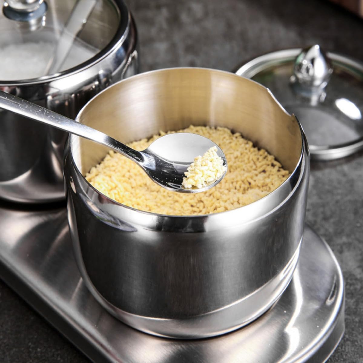 Set di 3 Barattoli per Spezie in Acciaio Inox con Base Rotante, Contenitori per Condimenti in Vetro e Acciaio, Accessori per Cucina Moderni per Buffet e Tea Party