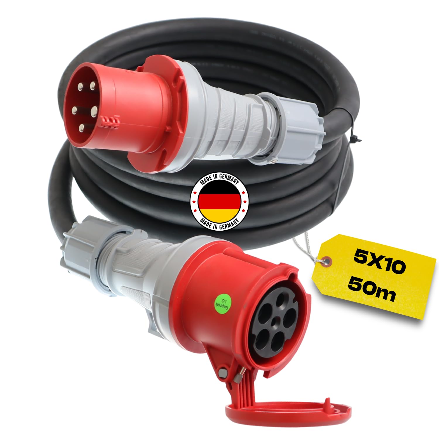 Starkstromkabel 63A 50m H07RN-F 5x10 Starkstrom Verlängerungskabel CEE Verlängerung 63 Ampere Kabel 5x10mm2 Baustelle Werkstatt Industrie Geeignet Outdoor IP44 Spritzwassergeschütz