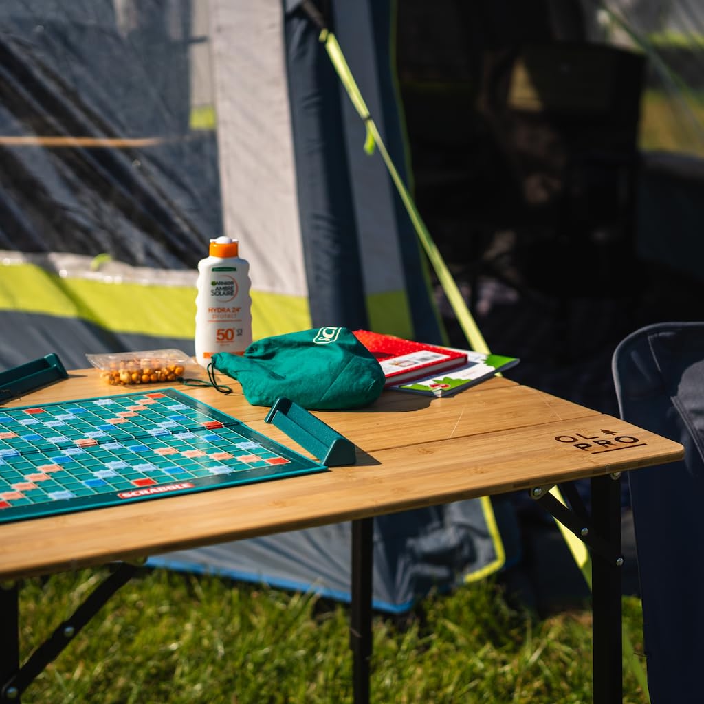 OLPRO Bambus-Campingtisch 65 x 50 cm, 4-klappbarer tragbarer Outdoor-Tisch mit verstellbaren Aluminiumbeinen, kompakte Tragetasche, 30 kg Tragkraft für Camping, Wohnwagen, Wohnmobil, Picknicks